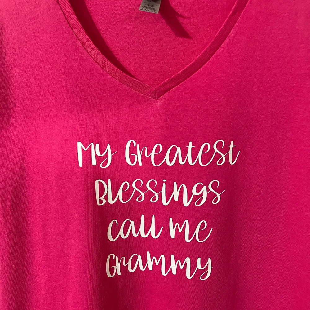 Pink V-Neck T-Shirt with White Text